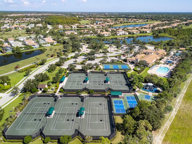 birds eye view of property featuring a water view