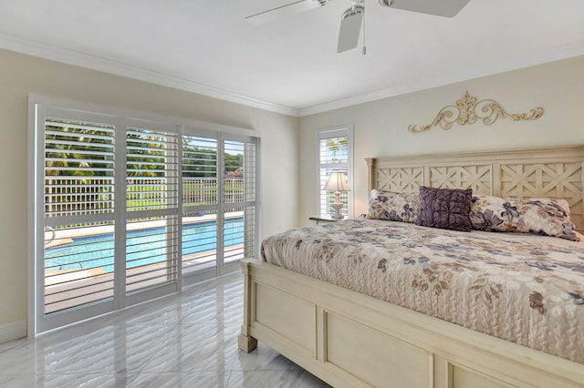 bedroom featuring access to outside, ornamental molding, and ceiling fan