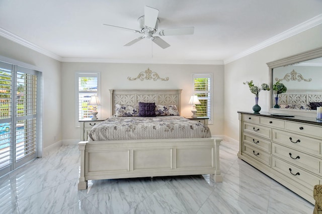 bedroom with ornamental molding and ceiling fan