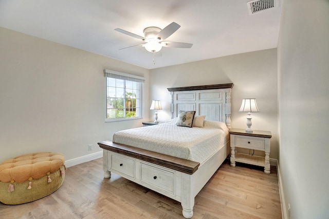 bedroom featuring ceiling fan and light wood-type flooring