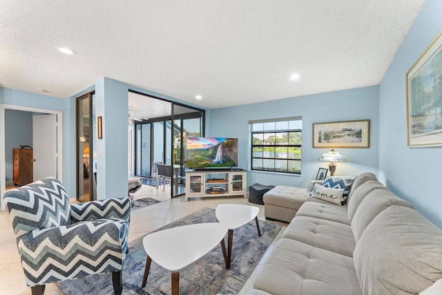 tiled living room with a textured ceiling