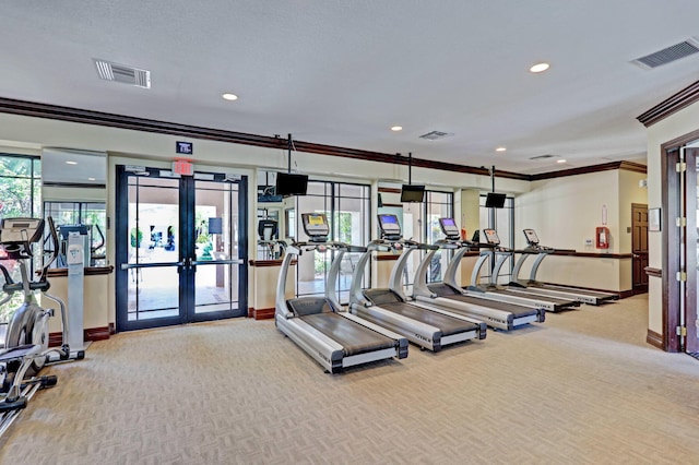 workout area featuring ornamental molding, light colored carpet, and french doors