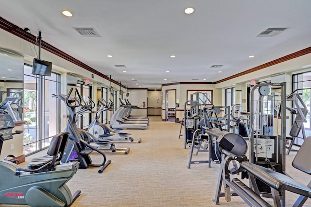 workout area with ornamental molding, a wealth of natural light, and light carpet