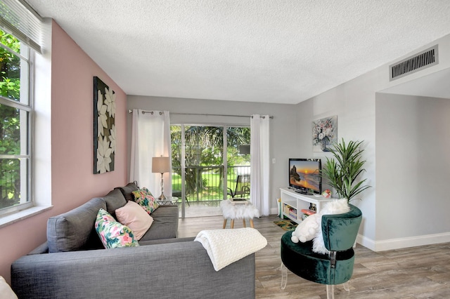 living room with hardwood / wood-style flooring and a textured ceiling