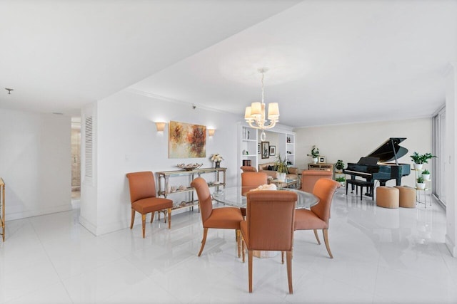 tiled dining area with a notable chandelier and ornamental molding