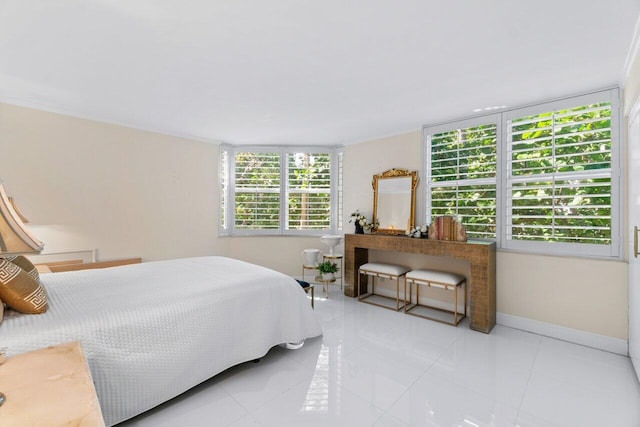 bedroom with multiple windows, crown molding, and light tile patterned floors