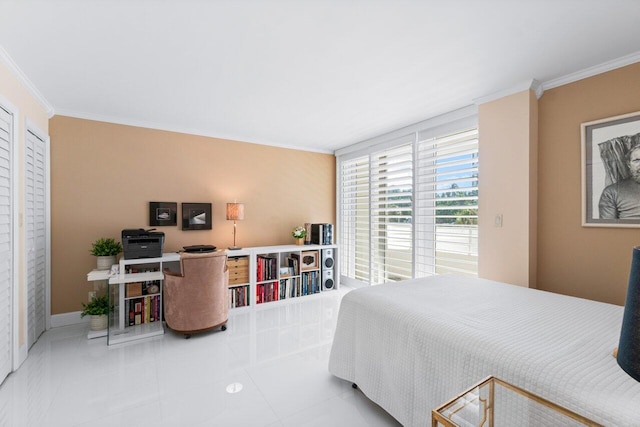 bedroom featuring tile patterned flooring and ornamental molding