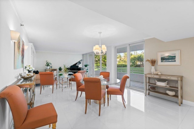 tiled dining area featuring crown molding and a chandelier