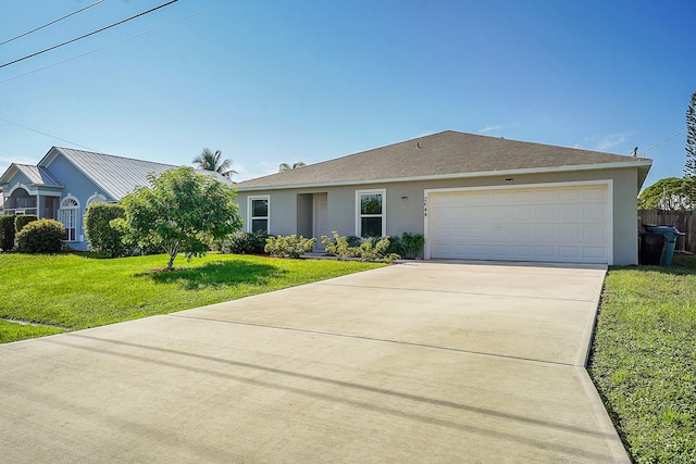 ranch-style house featuring a garage and a front lawn