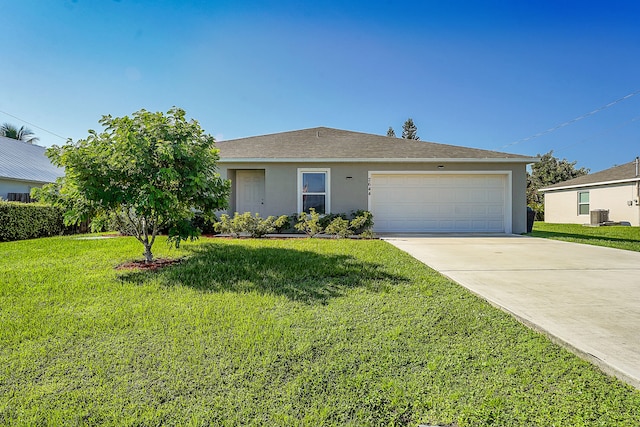 ranch-style home featuring central AC, a front yard, and a garage