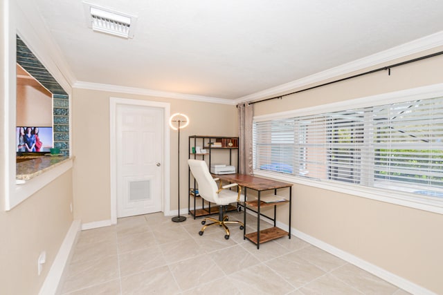 office area featuring crown molding, tile patterned flooring, and plenty of natural light