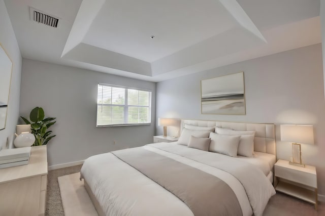 carpeted bedroom with a tray ceiling