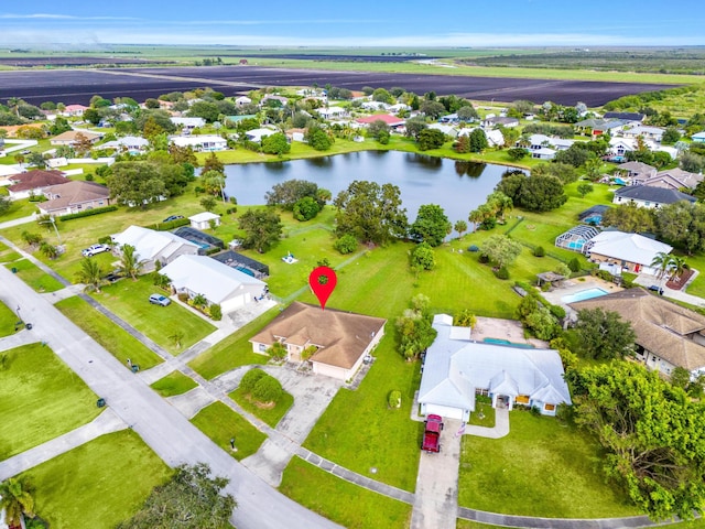 drone / aerial view featuring a water view