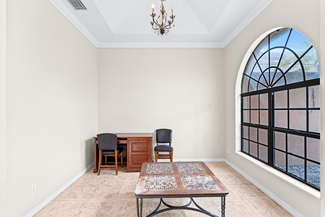 living area featuring crown molding, a tray ceiling, a notable chandelier, and light tile patterned floors