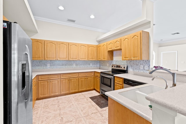 kitchen featuring backsplash, kitchen peninsula, stainless steel appliances, ornamental molding, and light tile patterned floors