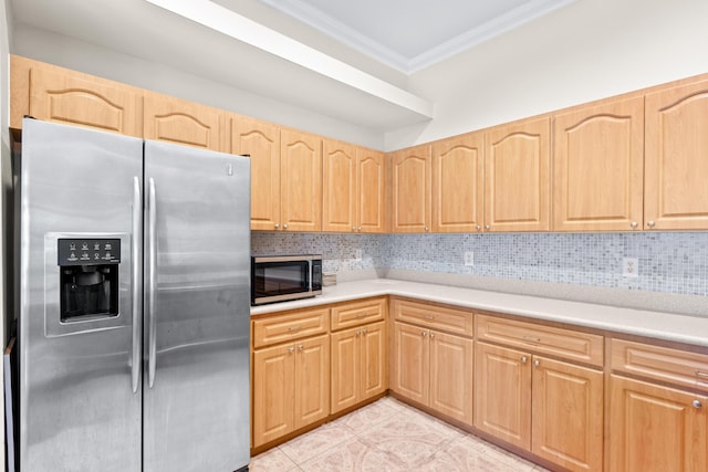 kitchen featuring decorative backsplash, light tile patterned floors, appliances with stainless steel finishes, light brown cabinetry, and crown molding