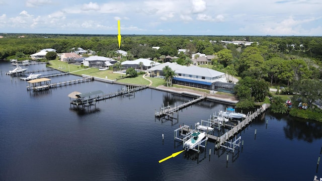 drone / aerial view with a water view