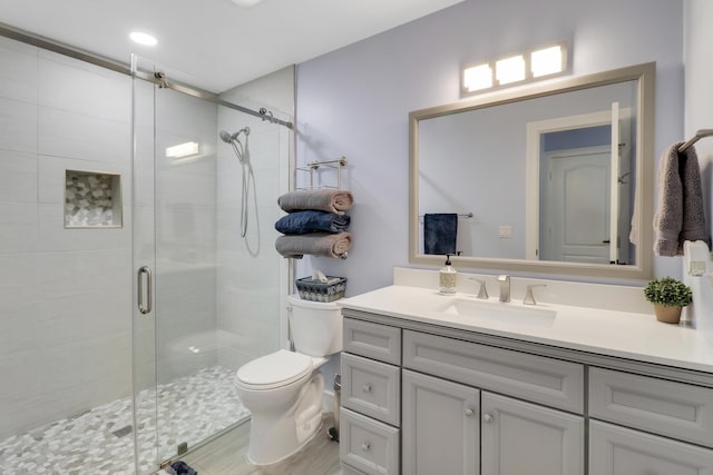 bathroom with vanity, a shower with door, and toilet