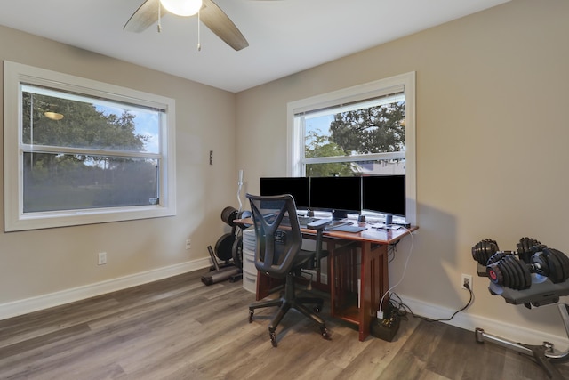 office space with ceiling fan and hardwood / wood-style floors