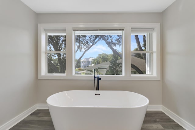 bathroom with wood-type flooring and a bathing tub