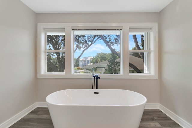 bathroom with a bathing tub and wood-type flooring