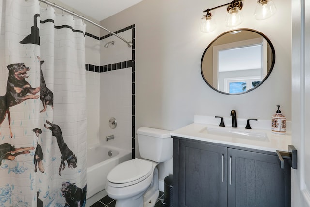 full bathroom featuring vanity, shower / bath combination with curtain, and toilet