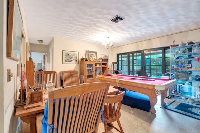 recreation room with french doors, an inviting chandelier, and billiards