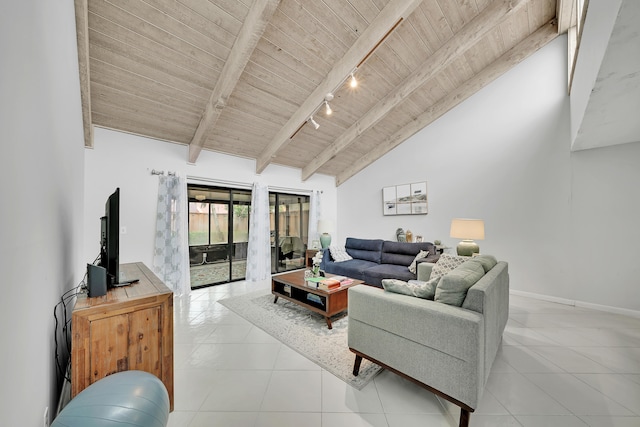 living room with wooden ceiling, rail lighting, light tile patterned flooring, and lofted ceiling with beams