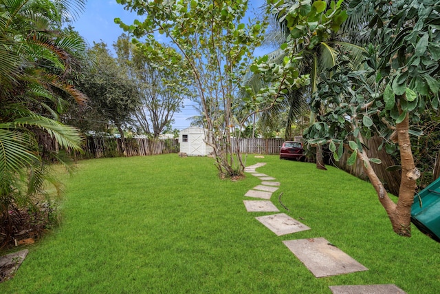 view of yard featuring a storage unit