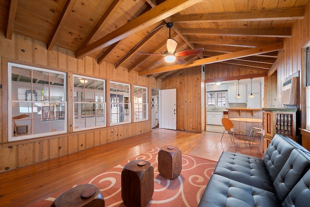 unfurnished living room featuring wood ceiling, lofted ceiling with beams, ceiling fan, and light hardwood / wood-style floors