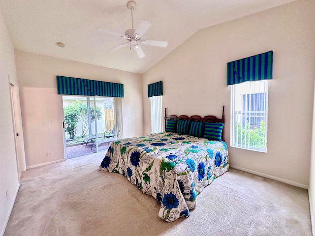 bedroom featuring light carpet, lofted ceiling, and ceiling fan