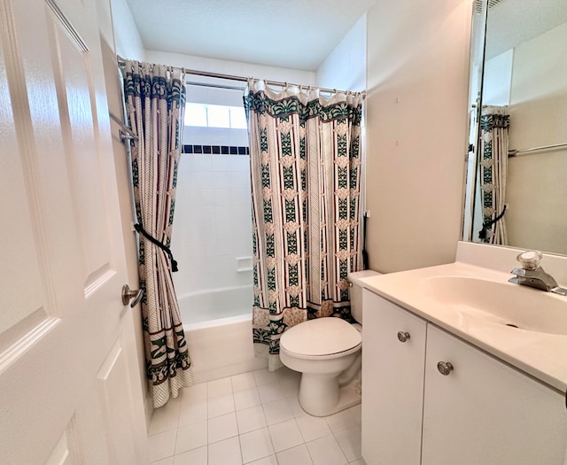 full bathroom featuring vanity, shower / tub combo, toilet, and tile patterned flooring