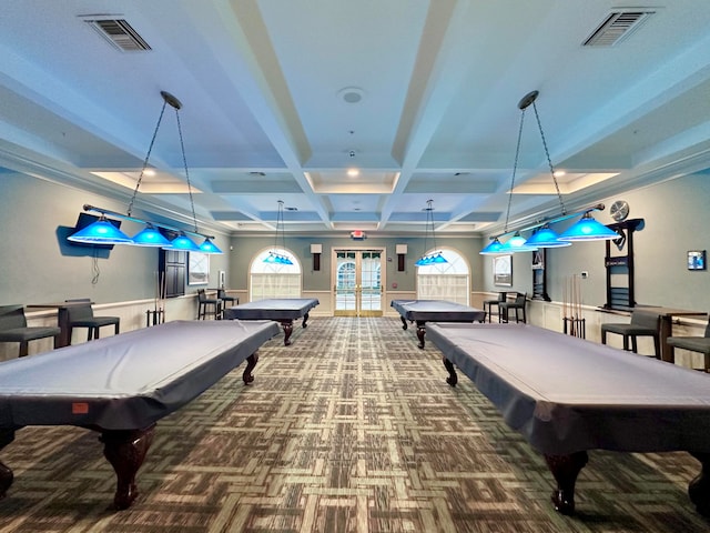 recreation room featuring coffered ceiling, french doors, beam ceiling, and pool table