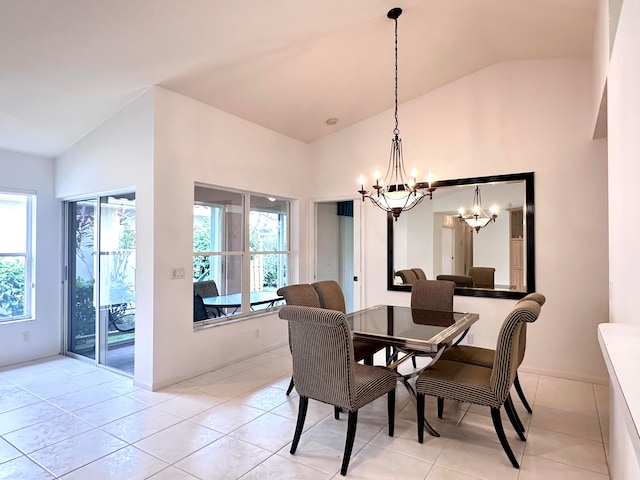 dining area featuring light tile patterned flooring, vaulted ceiling, and a chandelier