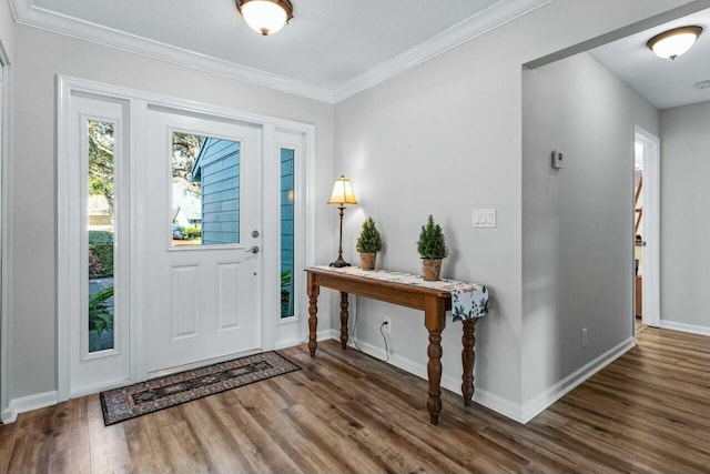 foyer with crown molding and dark wood-type flooring