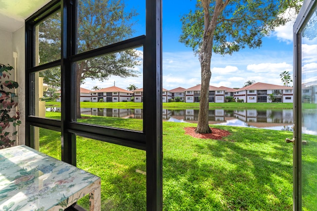 interior space with a water view