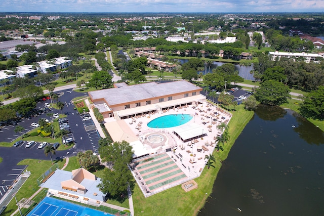 bird's eye view with a water view