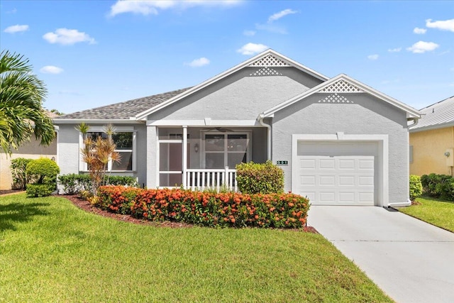 ranch-style house with a sunroom, a front lawn, and a garage