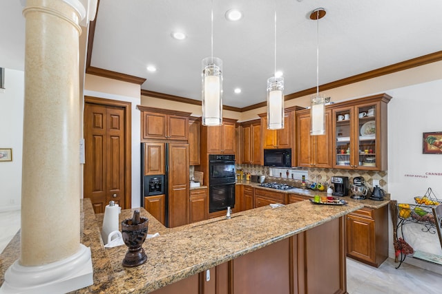 kitchen with ornate columns, tasteful backsplash, kitchen peninsula, pendant lighting, and black appliances