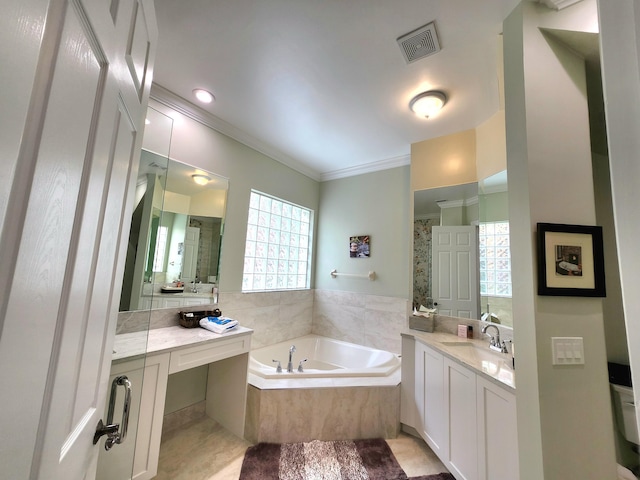 bathroom with tile patterned flooring, vanity, ornamental molding, and plus walk in shower