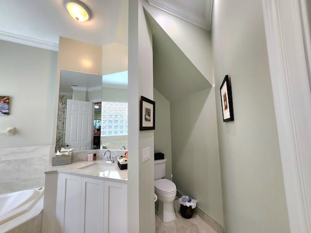 bathroom with a bathing tub, tile patterned floors, crown molding, toilet, and vanity