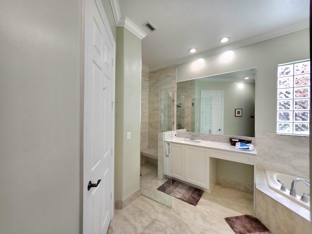 bathroom featuring separate shower and tub, crown molding, and vanity