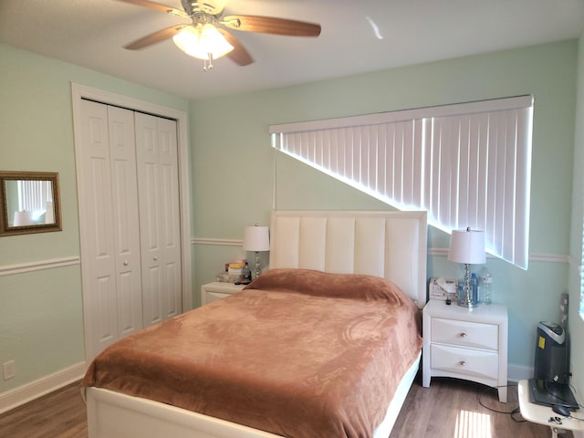 bedroom featuring dark hardwood / wood-style floors, ceiling fan, and a closet