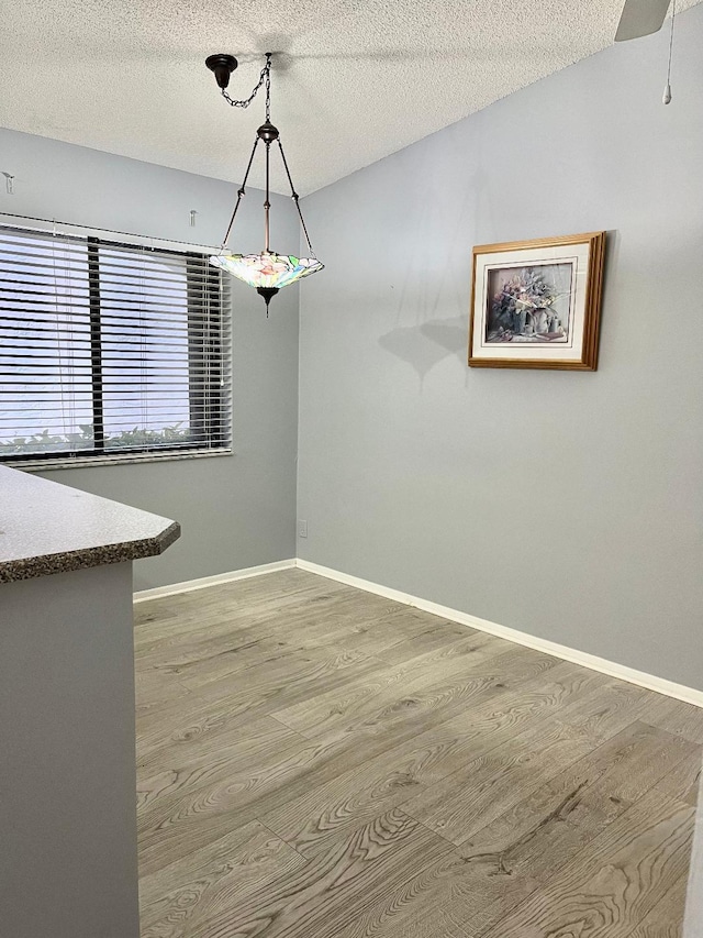 unfurnished dining area with wood-type flooring and a textured ceiling