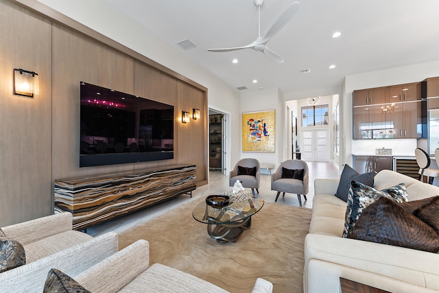 living room featuring ceiling fan