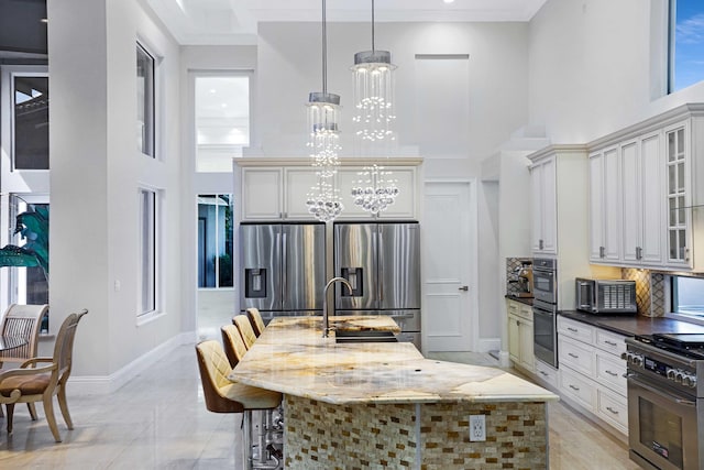 6595 NW 32nd Ter, Boca Raton, FL 33496 - kitchen with appliances with stainless steel finishes, a high ceiling, a chandelier, a sink, and glass insert cabinets
