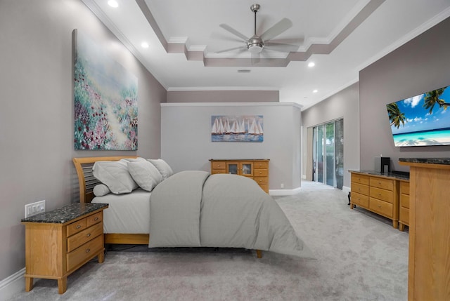 6595 NW 32nd Ter, Boca Raton, FL 33496 - bedroom featuring crown molding, access to outside, light colored carpet, a tray ceiling, and recessed lighting