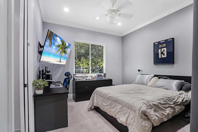 6595 NW 32nd Ter, Boca Raton, FL 33496 - bedroom featuring light carpet, recessed lighting, crown molding, a ceiling fan, and an office area