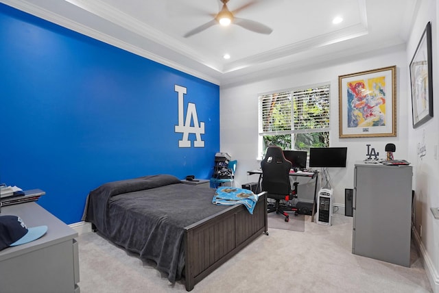 6595 NW 32nd Ter, Boca Raton, FL 33496 - carpeted bedroom with a desk, ornamental molding, a raised ceiling, a ceiling fan, and recessed lighting