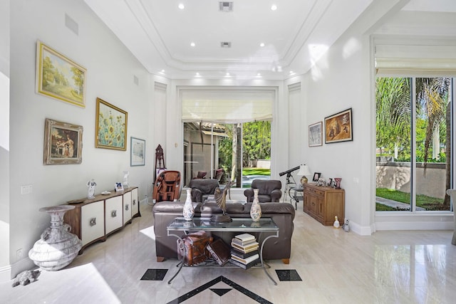 6595 NW 32nd Ter, Boca Raton, FL 33496 - living area featuring recessed lighting, ornamental molding, a raised ceiling, and light marble finish floors